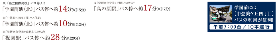 ※「県立国際高校」バス停より　「学園前駅(北)」バス停へ14分※15分　※「中登美ヶ丘四丁目」バス停より「学園前駅(北)」バス停へ10分※12分　※「学研奈良登美ヶ丘駅」バス停より「祝園駅」バス停へ28分※(29分)　「学研奈良登美ヶ丘駅」バス停より「高の原駅」バス停へ17分※(17分)
