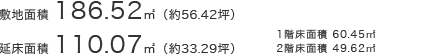 敷地面積186.52㎡（約56.42坪）延床面積110.07㎡（約33.29坪）○1階床面積／60.45㎡○2階床面積／49.62㎡