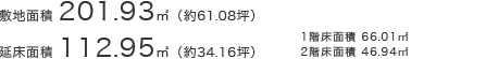 敷地面積201.93㎡（約61.08坪）延床面積112.95㎡（約34.16坪）○1階床面積／66.01㎡○2階床面積／46.94㎡