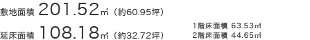 敷地面積201.52㎡（約60.96坪）延床面積108.18㎡（約32.72坪）○1階床面積／63.53㎡○2階床面積／44.65㎡
