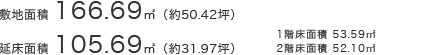 敷地面積 166.69㎡（約50.42坪）延床面積 105.69㎡（約31.97坪）○1階床面積／53.59㎡○2階床面積／52.10㎡